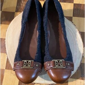 Tory Burch Brown Leather & gray Wool Ballet Flats